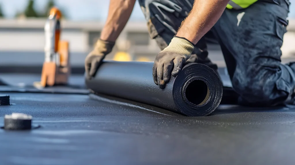 roofers rolling out weatherproofing material for commercial building rooves