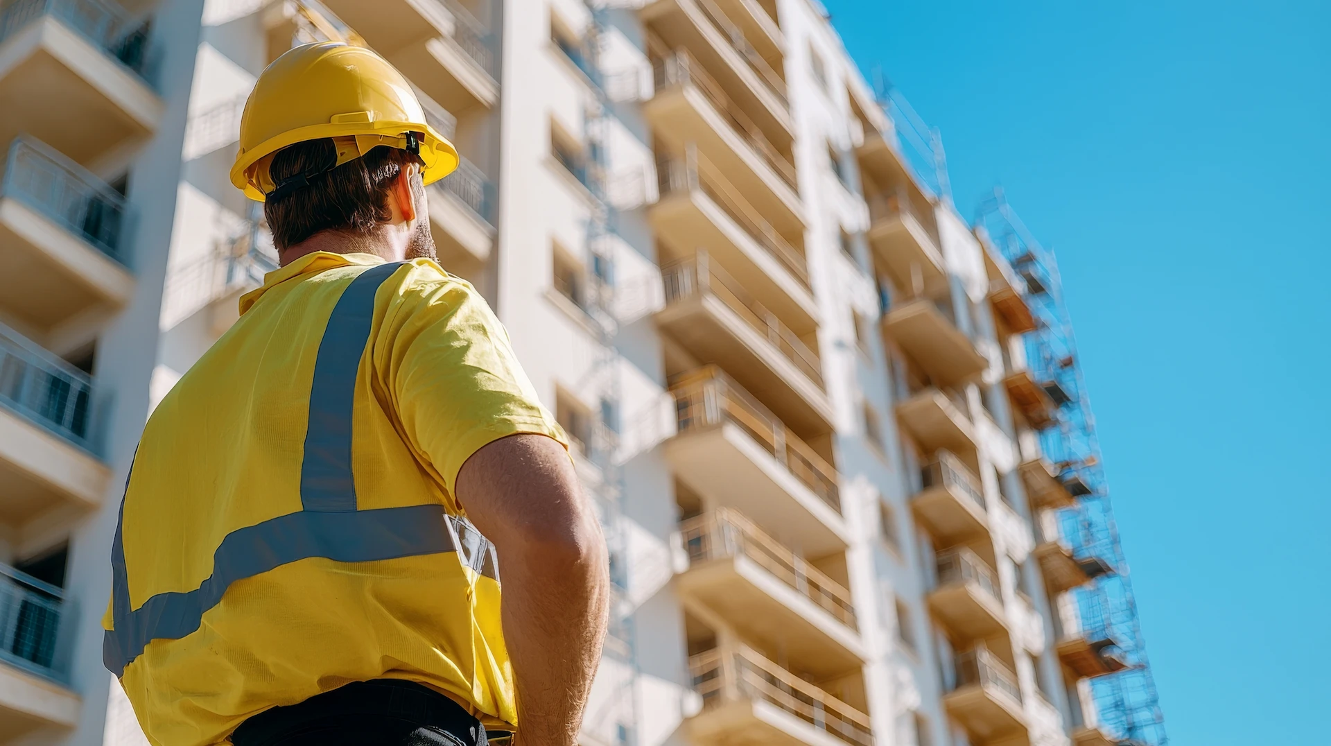 construction worker looking up at an apartment building high rise