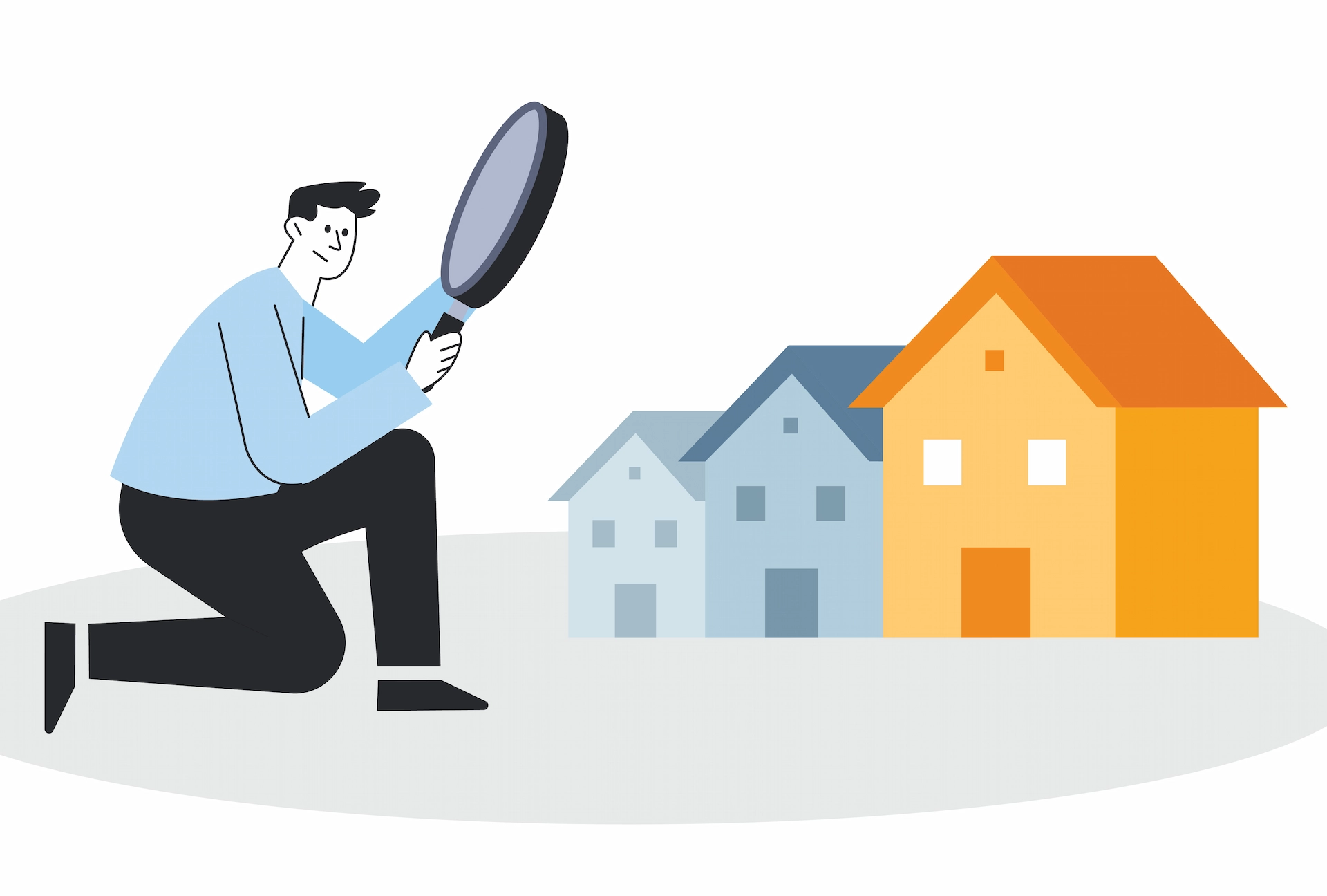 illustration of a man with a big magnifying glass looking at small houses