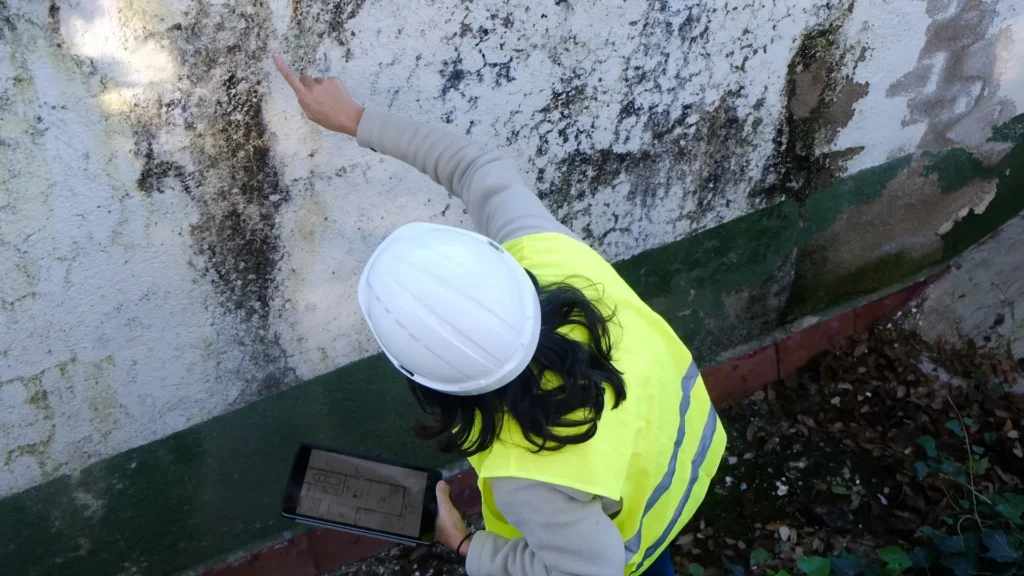 building inspector pointing out water damage on facade