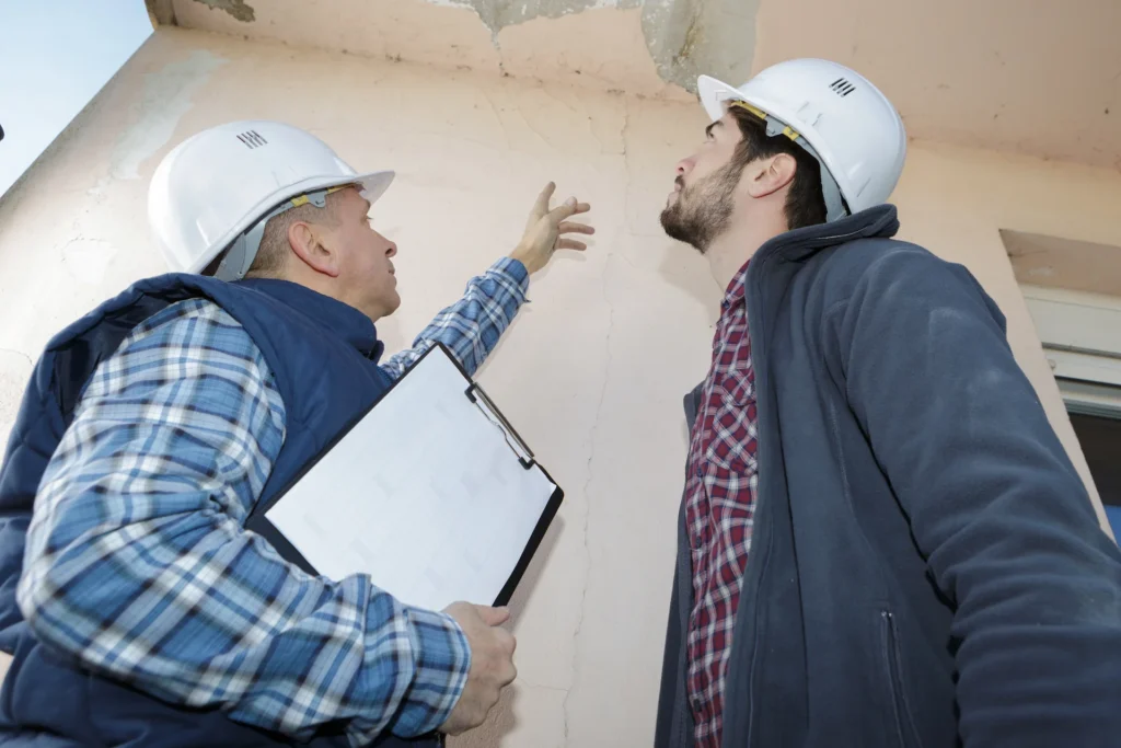 Building inspector pointing to water damage
