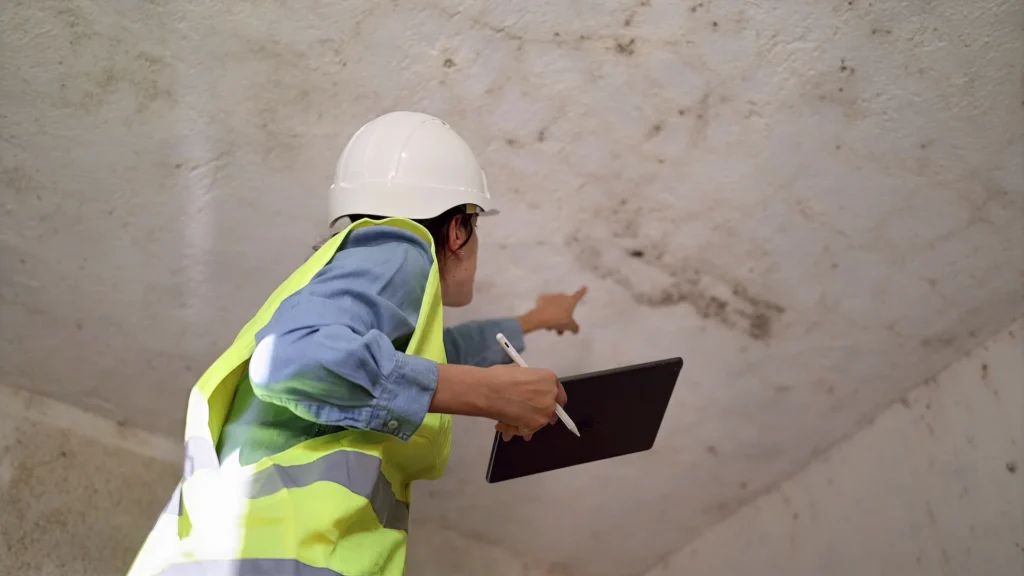 inspector pointing out water intrusion in ceiling