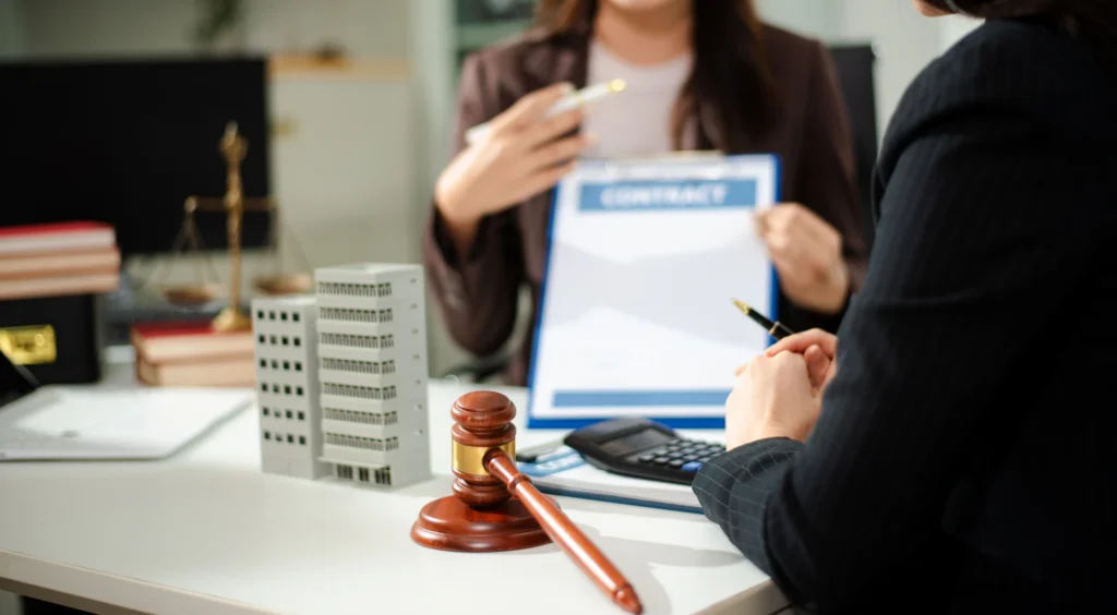 lawyer and judge debating a legal document