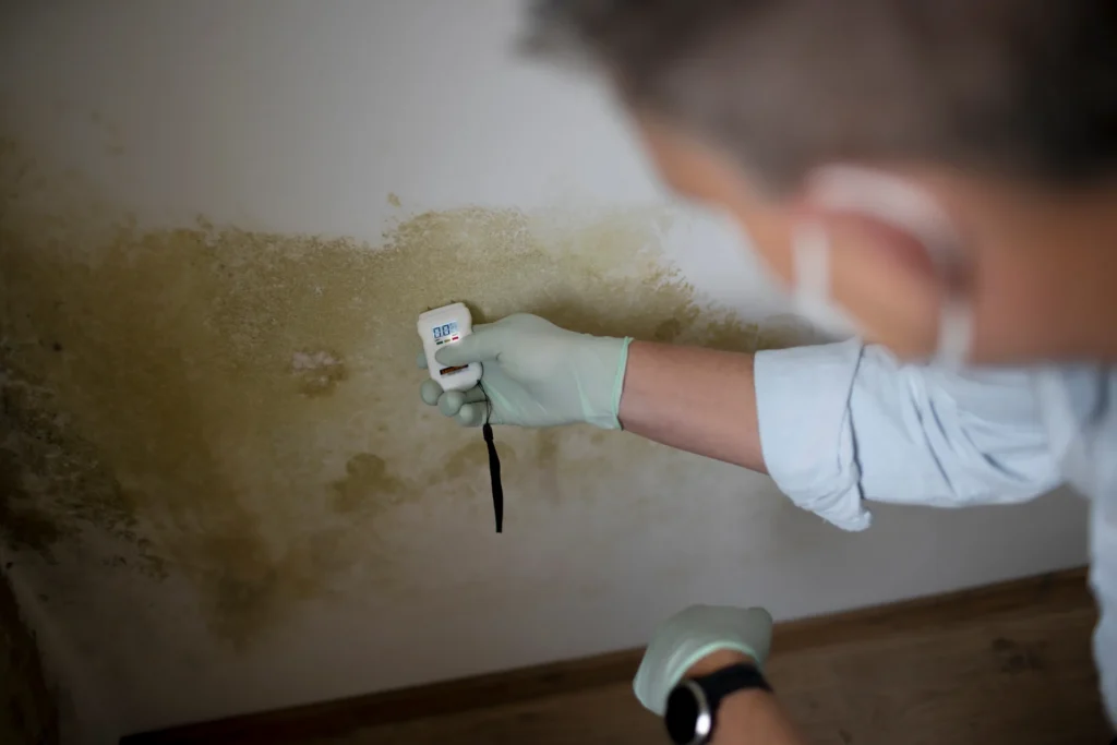 inspector getting a moisture reading from a leaky ceiling.
